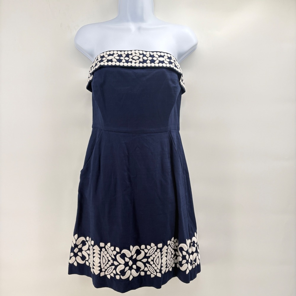 Vineyard Vines Womens Navy Blue Embroidered Strapless Cotton Mini Dress Size 6